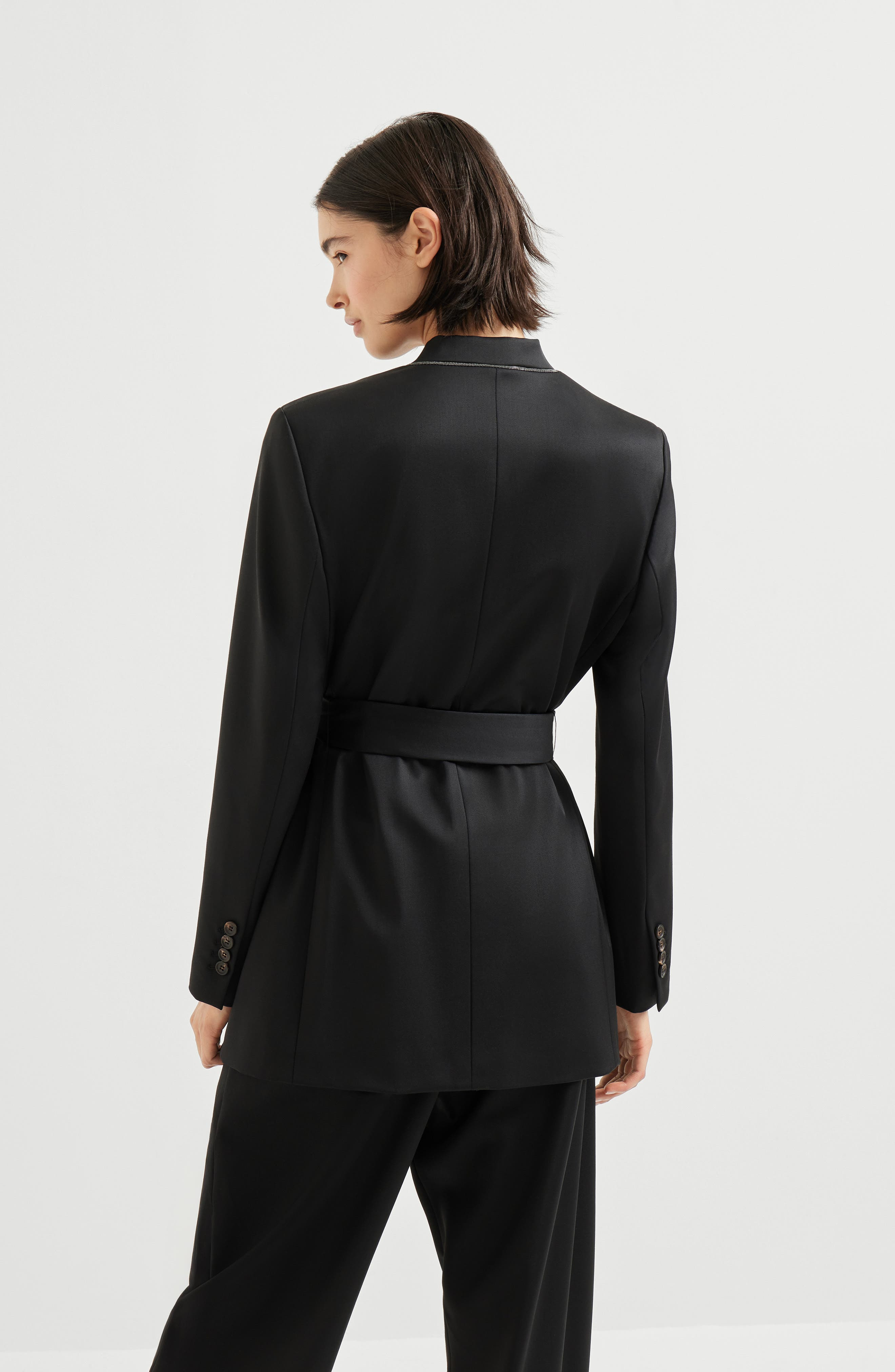 Brunello Cucinelli Satin belted blazer with monili in Black at Nordstrom - 3