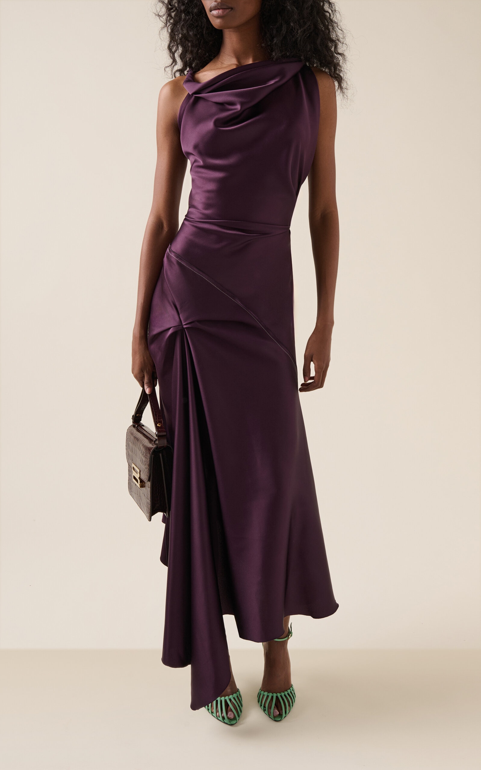 Asymmetric Draped Satin Midi Dress berry - 3