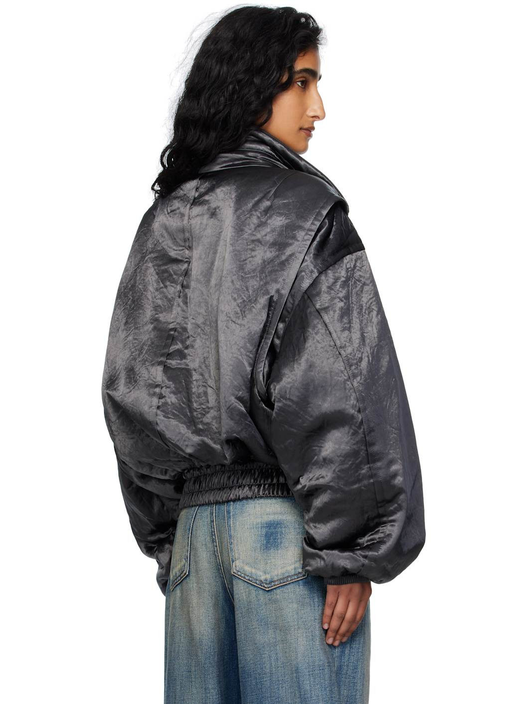 Gray Satin Cargo Bomber Jacket - 3