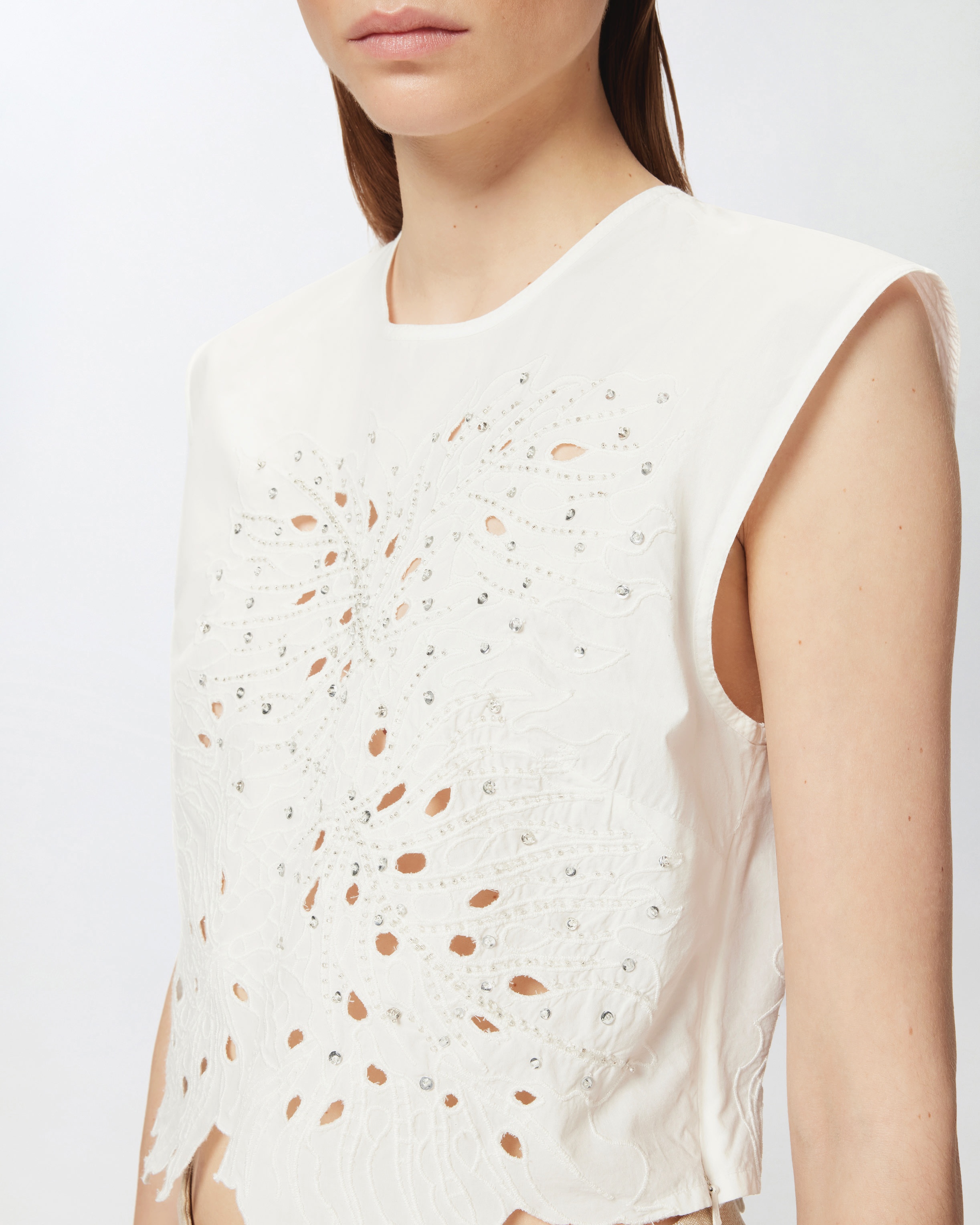 CROP TOP WITH OPENWORK EMBROIDERY AND CRYSTALS - 5