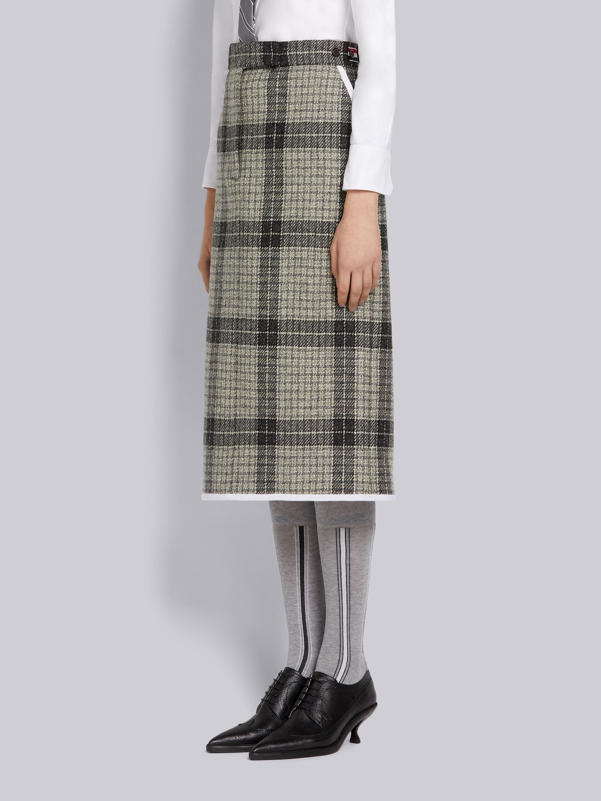 Medium Grey Grid Windowpane Check British Wool Grosgrain Tipping Below-the-Knee Sack Skirt - 2