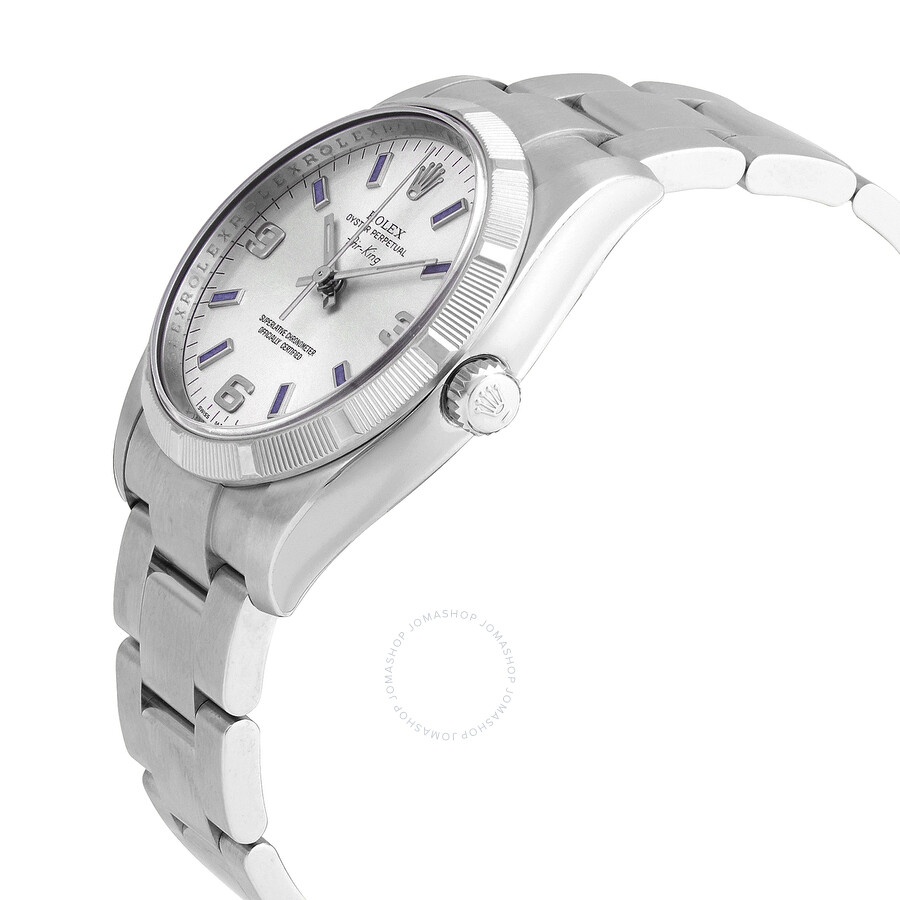 Rolex Airking Silver Arabic Blue Index Engine Turned Bezel Men's Watch 114210SABLSO - 2