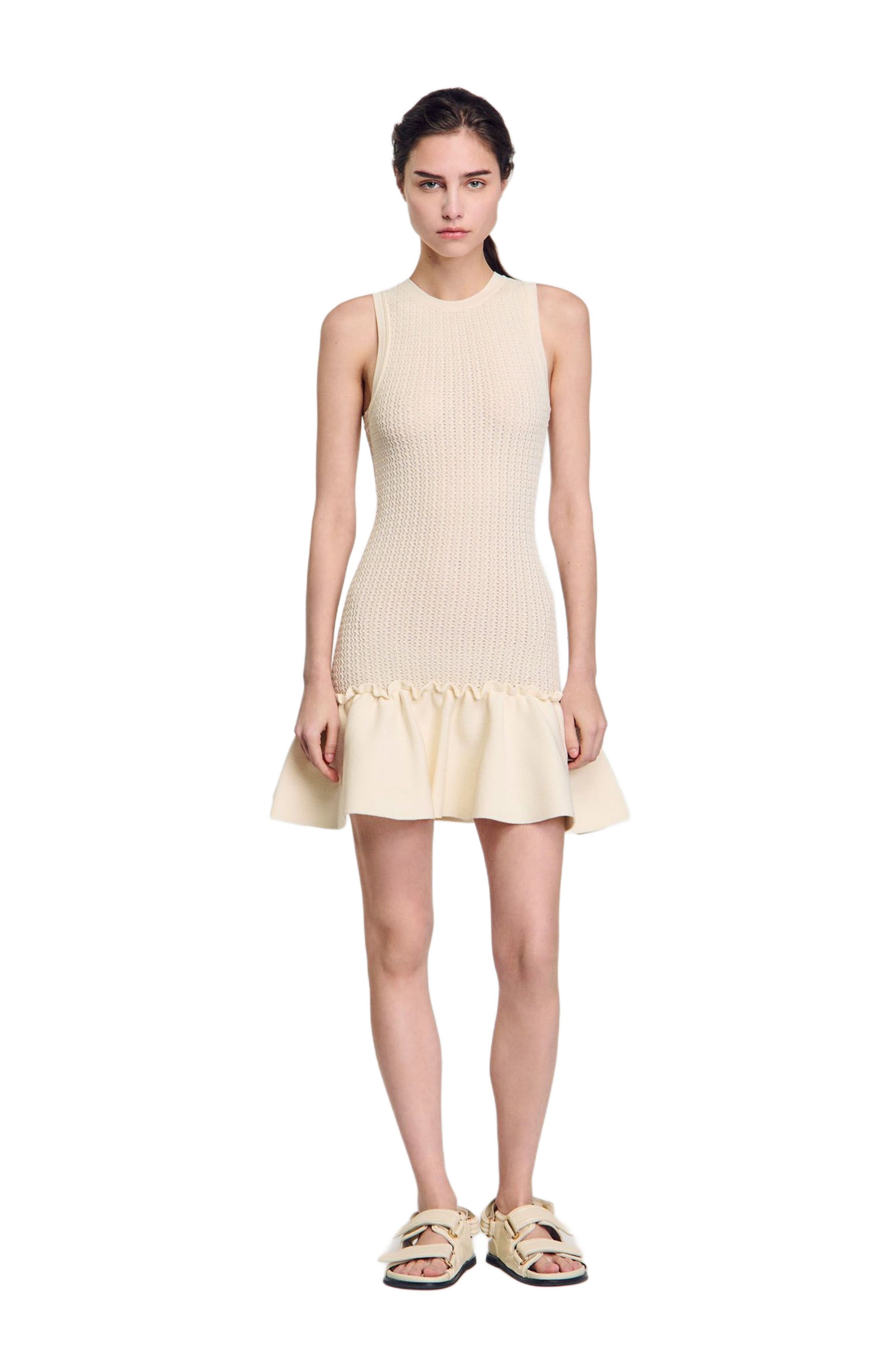 SANDRO Short knit dress with ruffle in Ecru at Nordstrom - 3