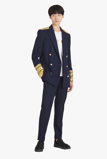 Navy blue twill blazer with double-breasted gold-tone buttoned fastening - 2
