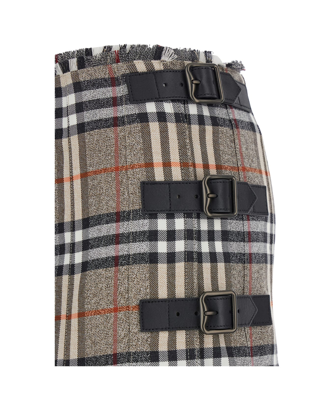 Beige Midi Skirt With Side Buckle Closure And All-over Check Motif In Wool Woman - 3