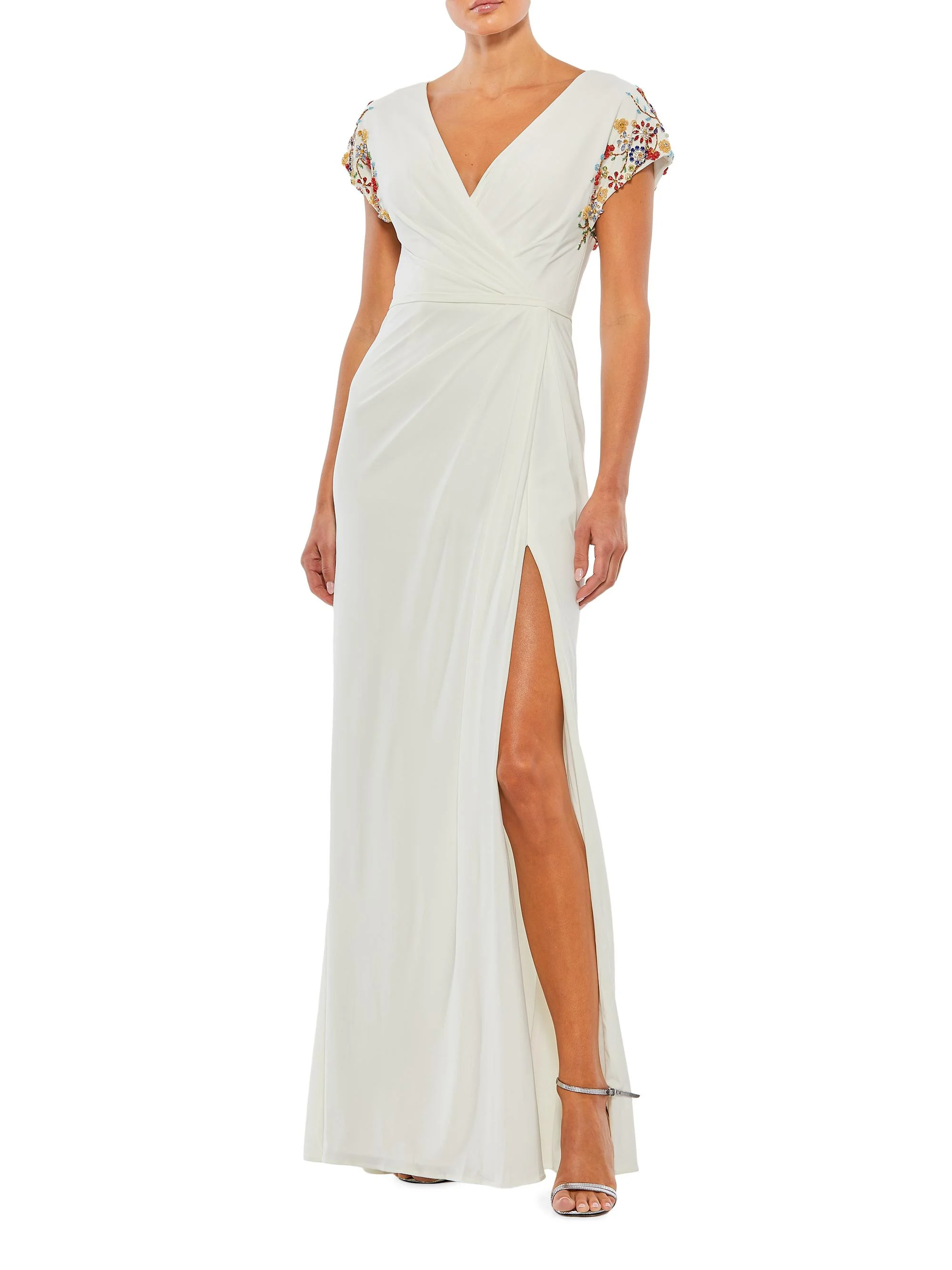 Women's Embellished Wrap Gown - White Multi - 1