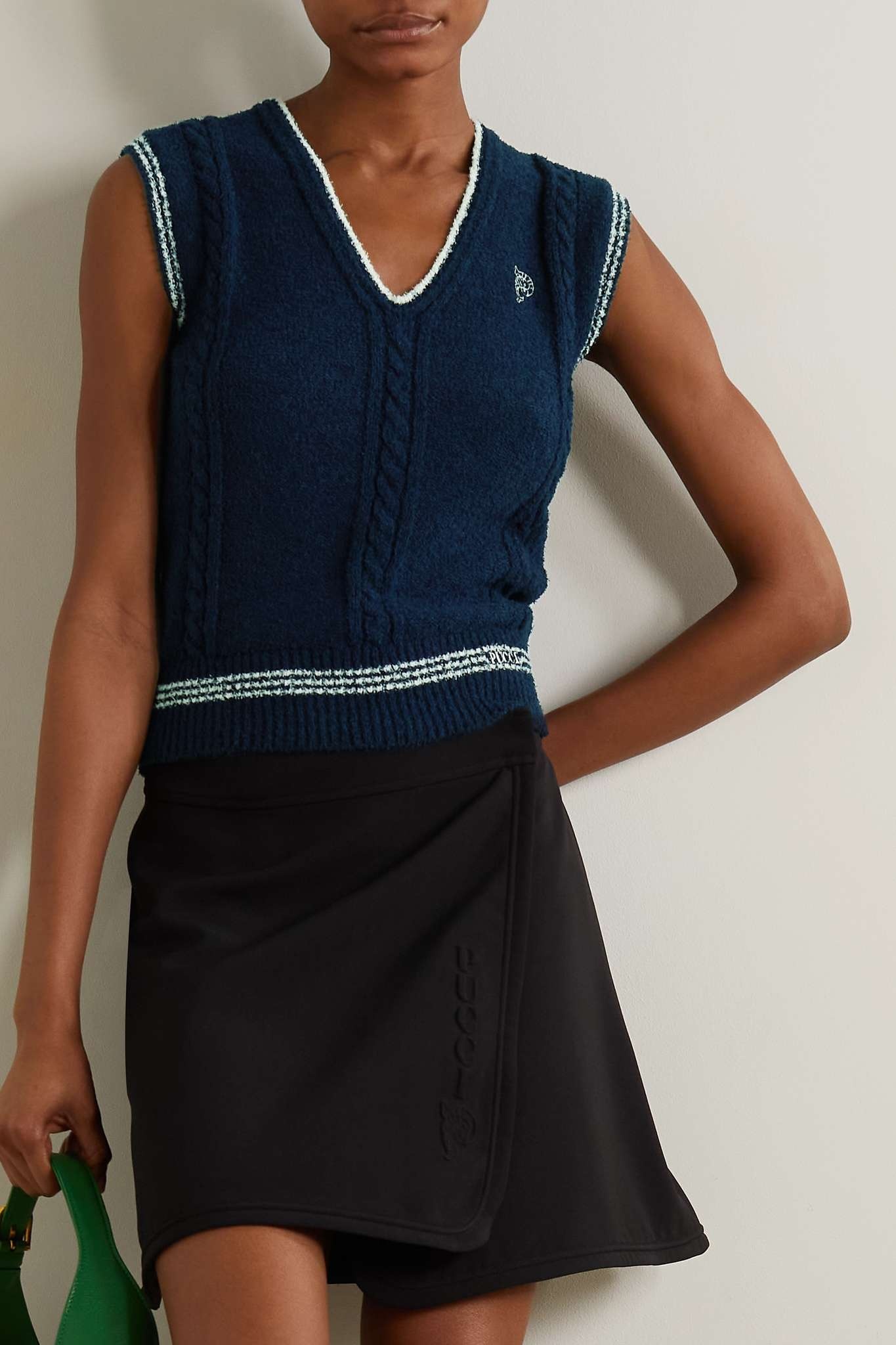 Striped embroidered cable-knit cotton-blend vest - 3