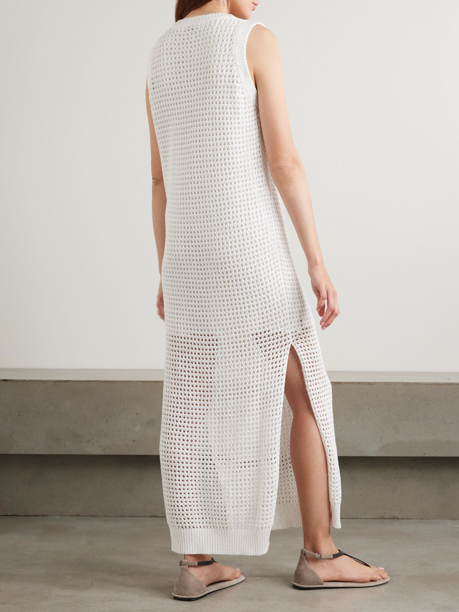 Sequin-embellished open-knit cotton-blend midi dress White - 3