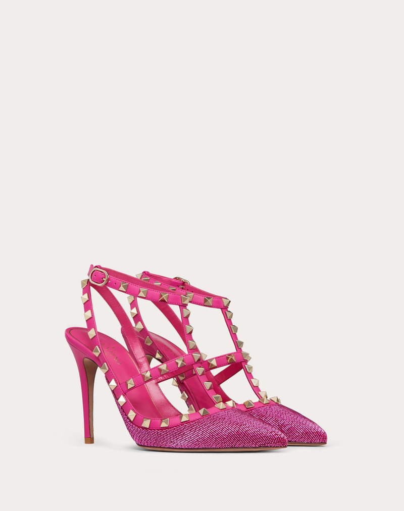 SATIN ROCKSTUD PUMP WITH ALL-OVER TUBES EMBROIDERY AND STRAPS 100MM 2