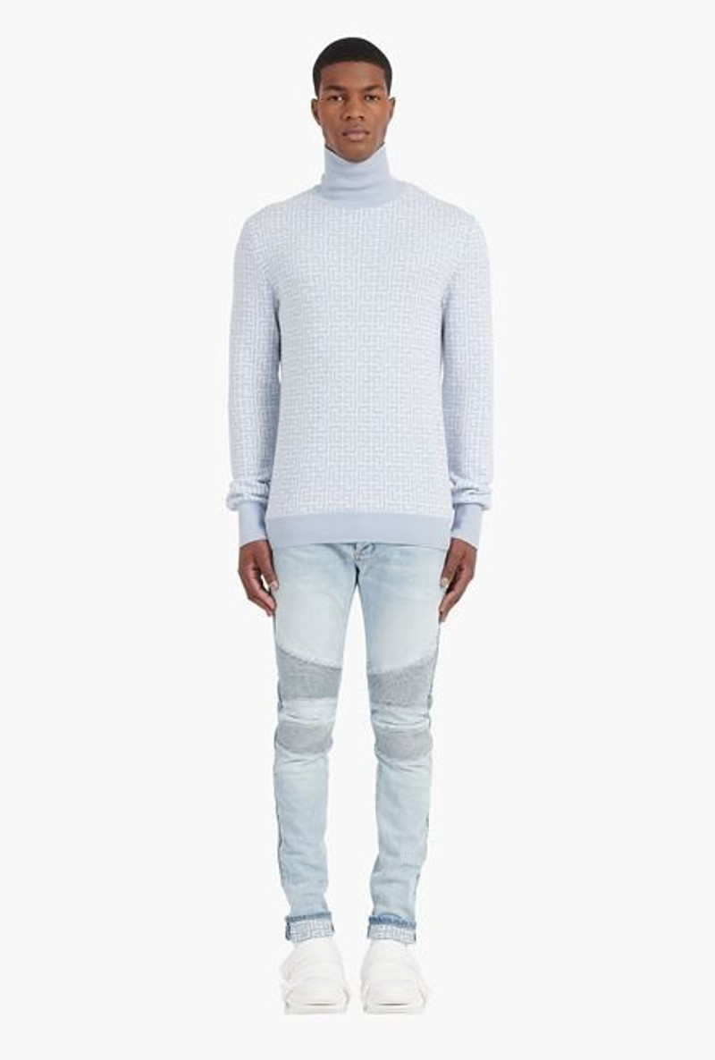 Pale blue and white wool and linen monogrammed turtleneck 4