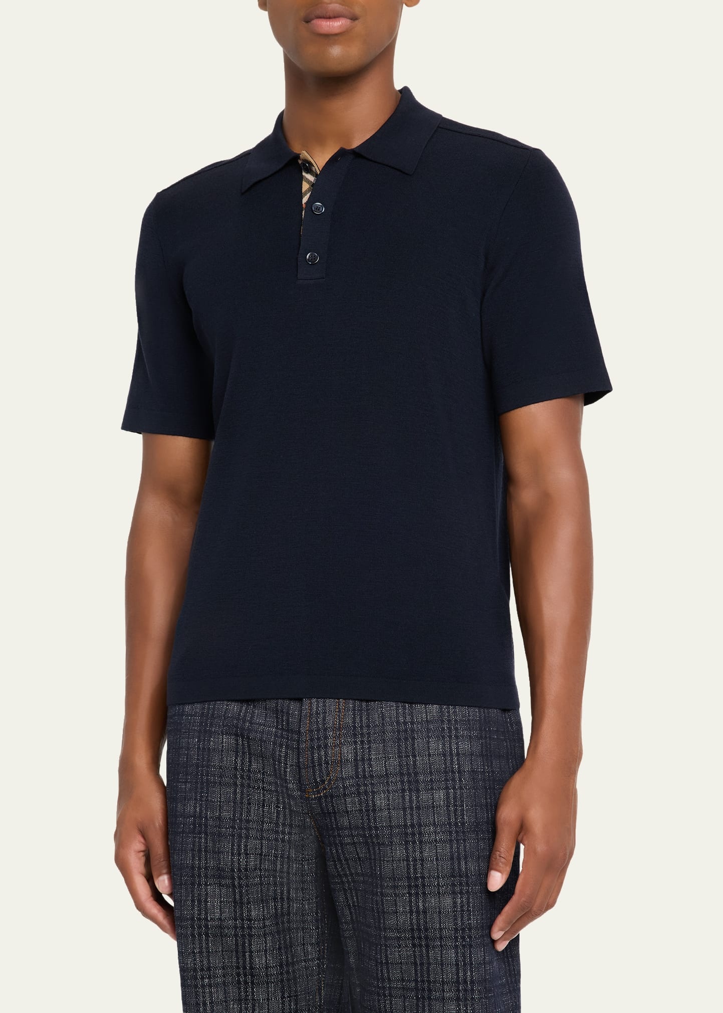 Men's Wool Knit Check-Placket Polo Shirt - 4