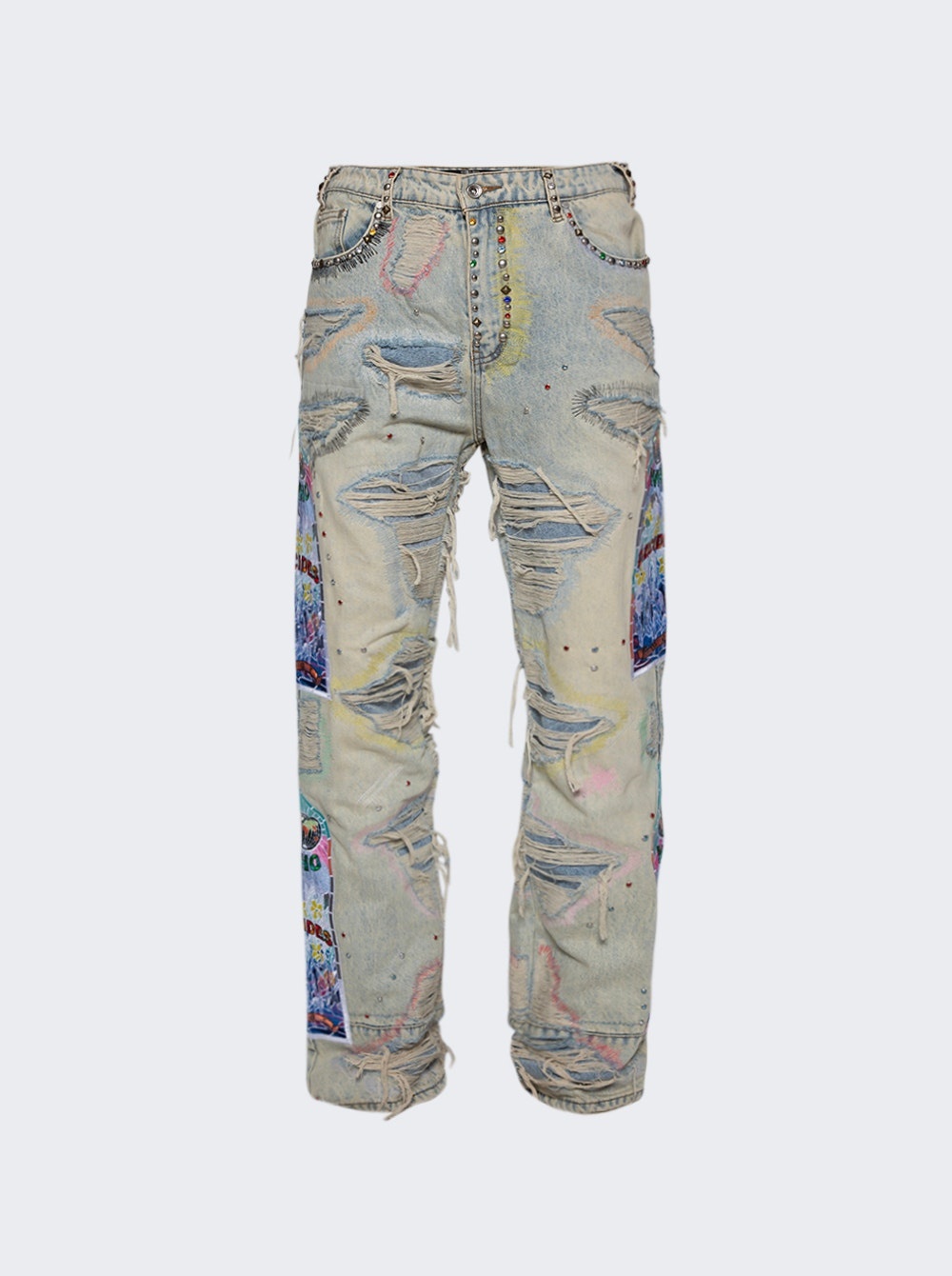 Studded Distressed Embroidery Jeans Sky - 1