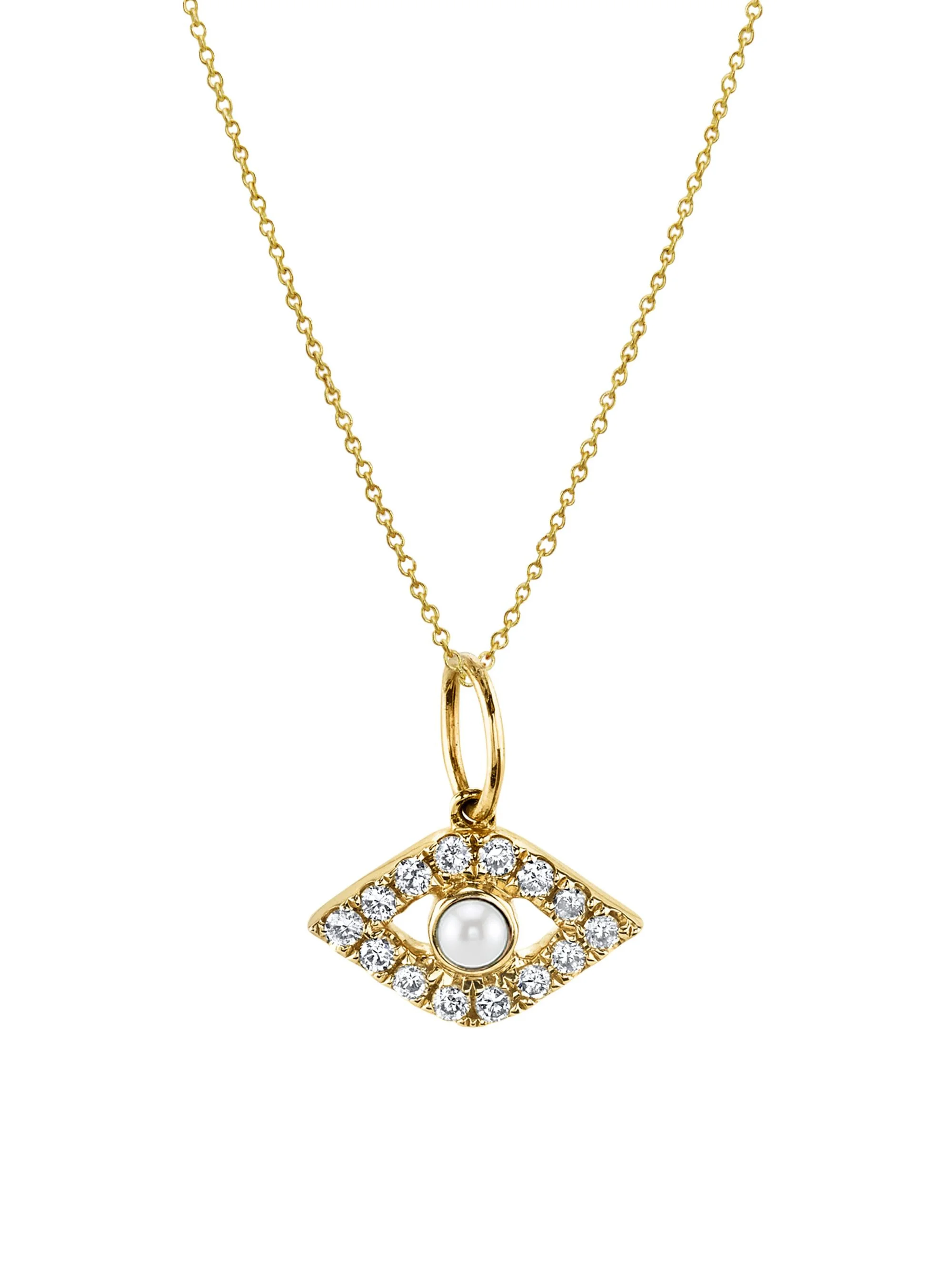 Women's 14K Yellow Gold, Cultured Freshwater Pearl & 0.11 TCW Diamond Evil Eye Pendant Necklace - 1