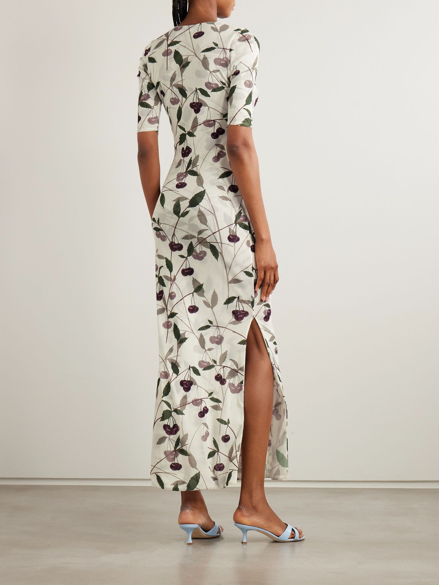 Ruched printed mesh midi dress White - 3