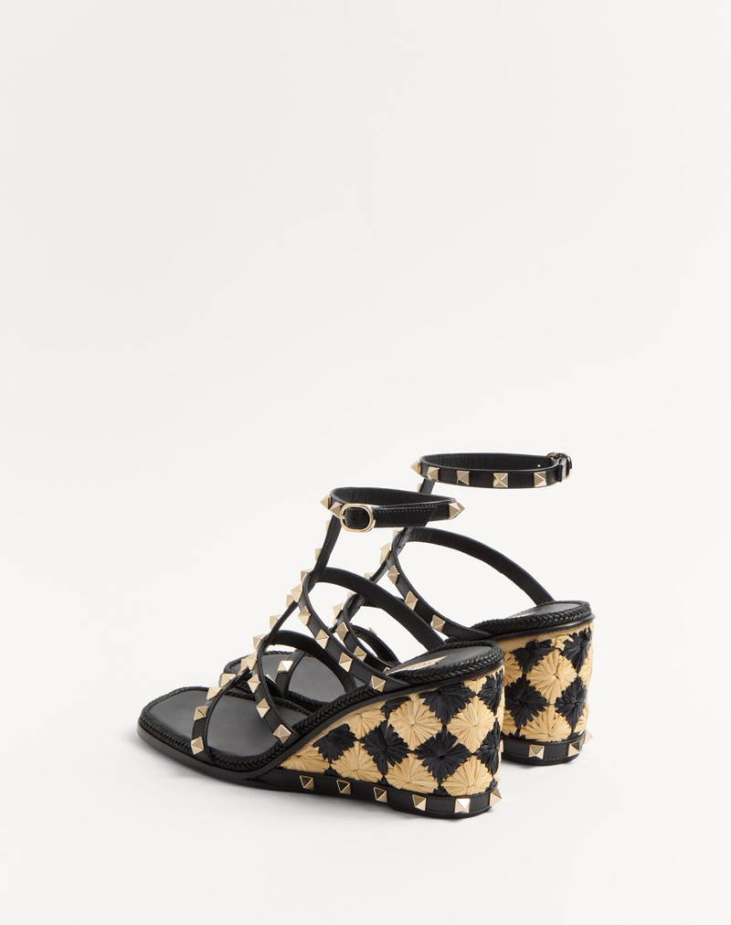 ROCKSTUD WEDGE SANDAL IN CALFSKIN WITH CHECK EMBROIDERY 80MM 5