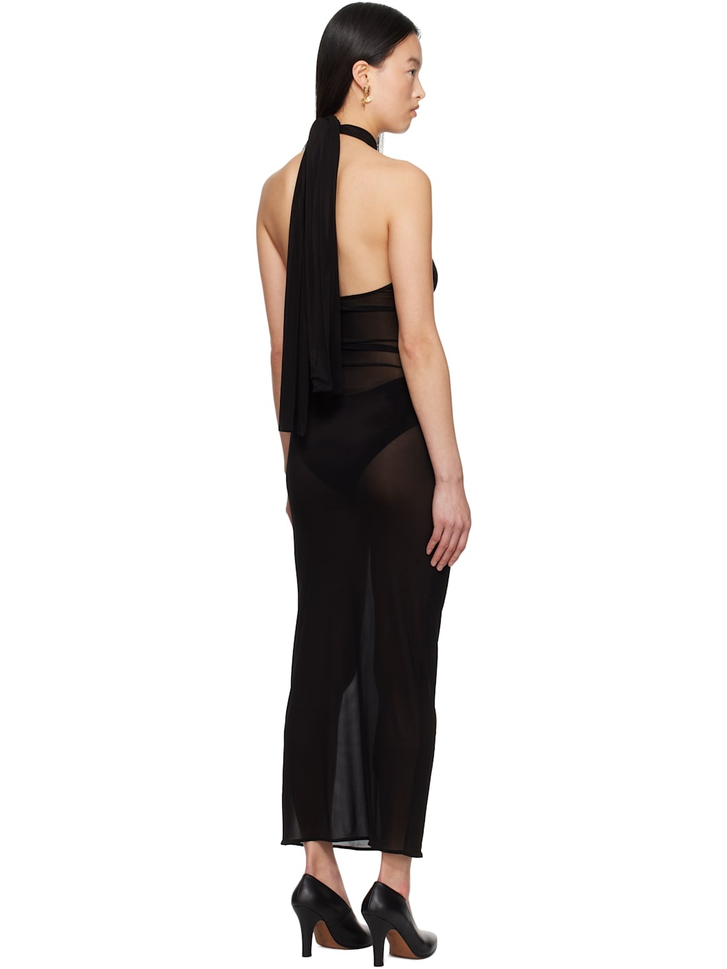 Black Sheer Halter Bustier Midi Dress - 3