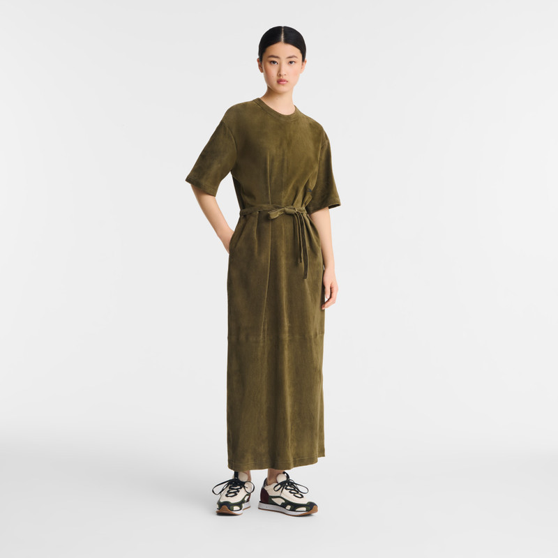 Longchamp Leather long dress Khaki - Leather outlook