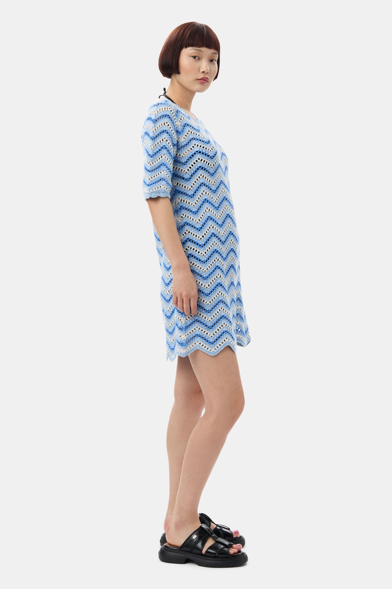BLUE COTTON CROCHET MINI DRESS - 4