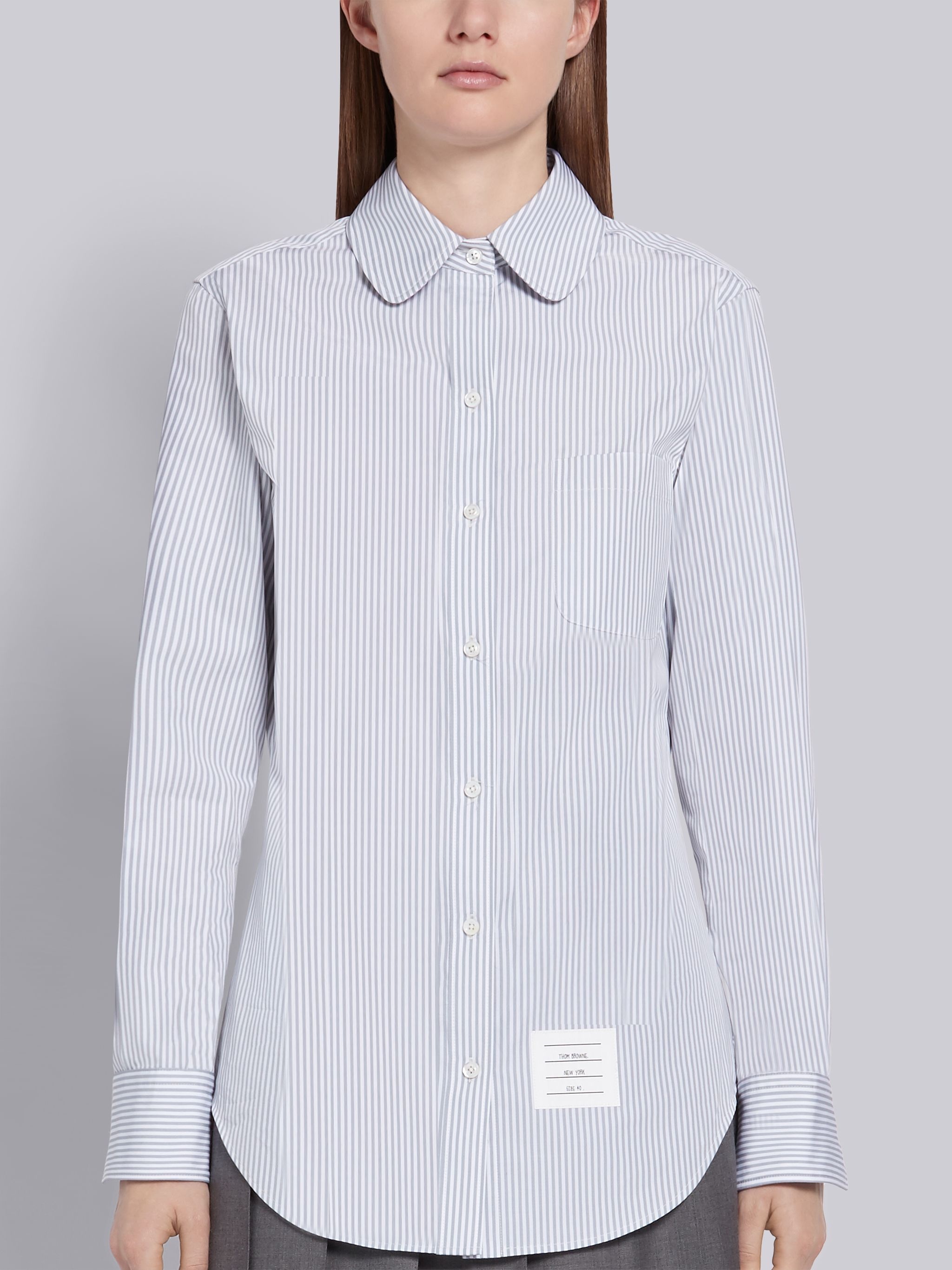 Medium Grey Cotton Poplin University Stripe Long Sleeve Round Collar Shirt - 3