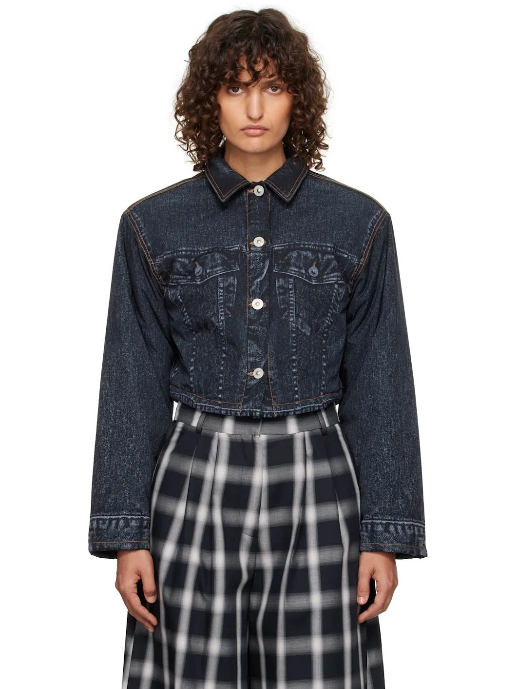 Black Denim Print Cropped Jacket - 1