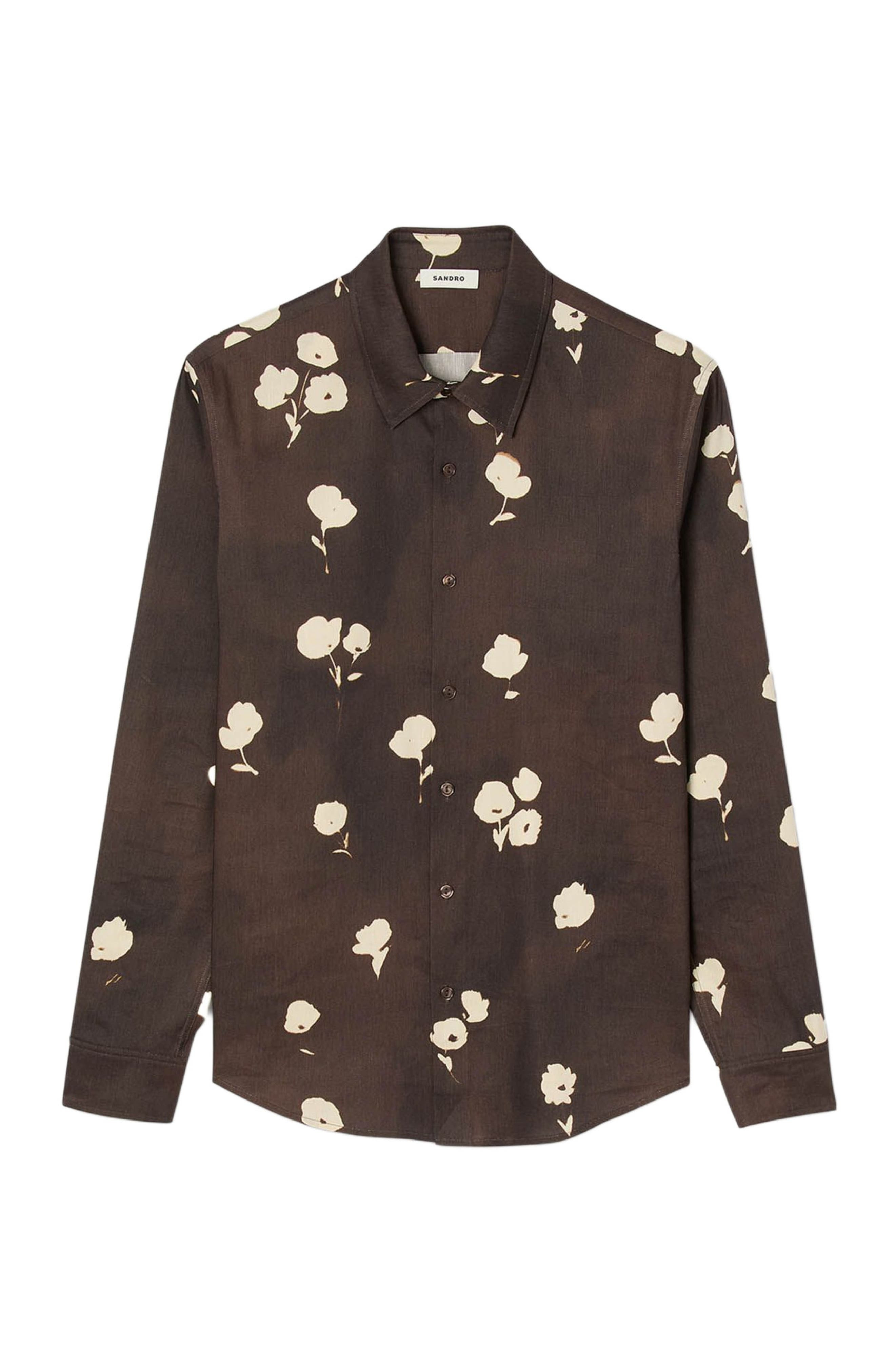 SANDRO Floral print linen shirt in Chocolate at Nordstrom - 5