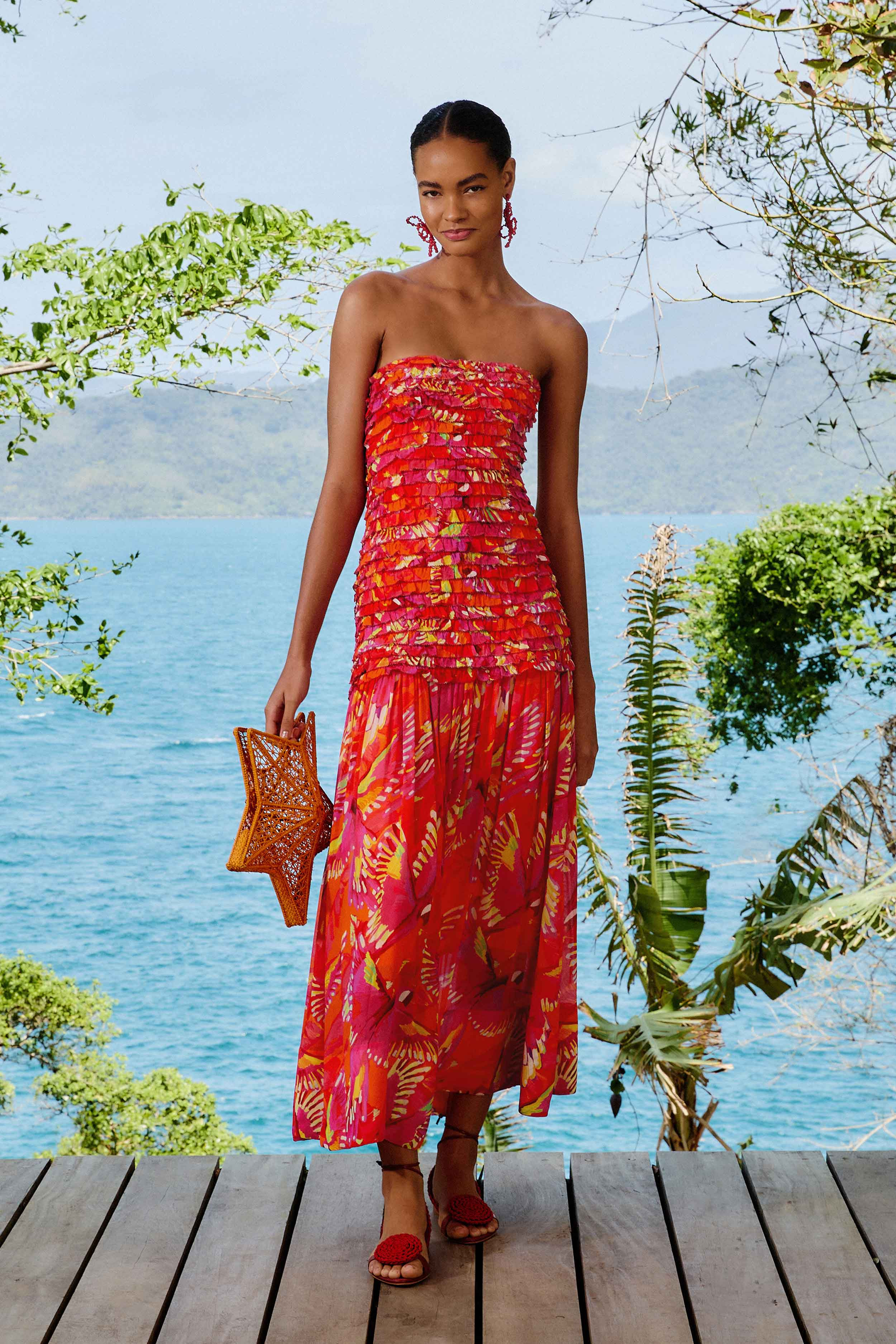 Orange Flying Birds Strapless Midi Dress - 2
