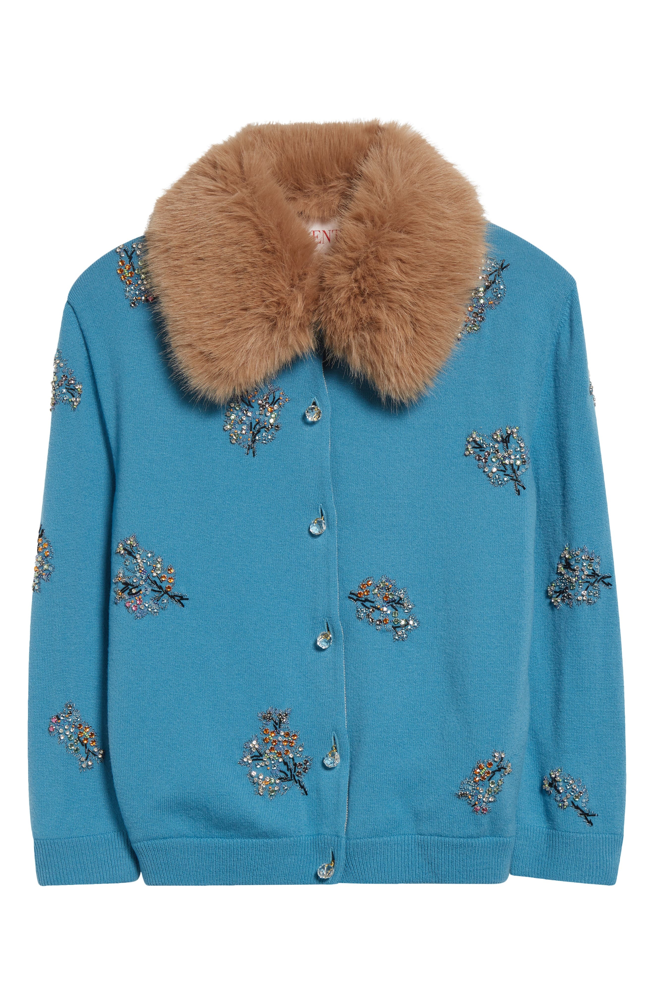 Valentino Garavani Embroidered Wool Cardigan with Removable Faux Fur Collar in Blue at Nordstrom - 6