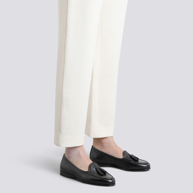 Santoni Women's black leather Andrea tassel loafer outlook