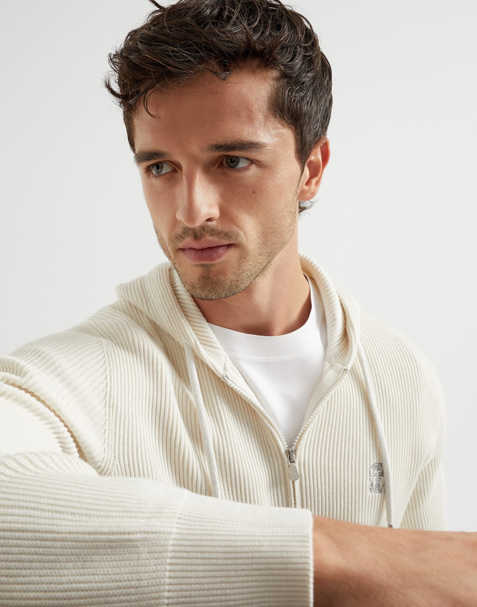Cotton English rib knit hooded sweatshirt with logo and zipper - 3