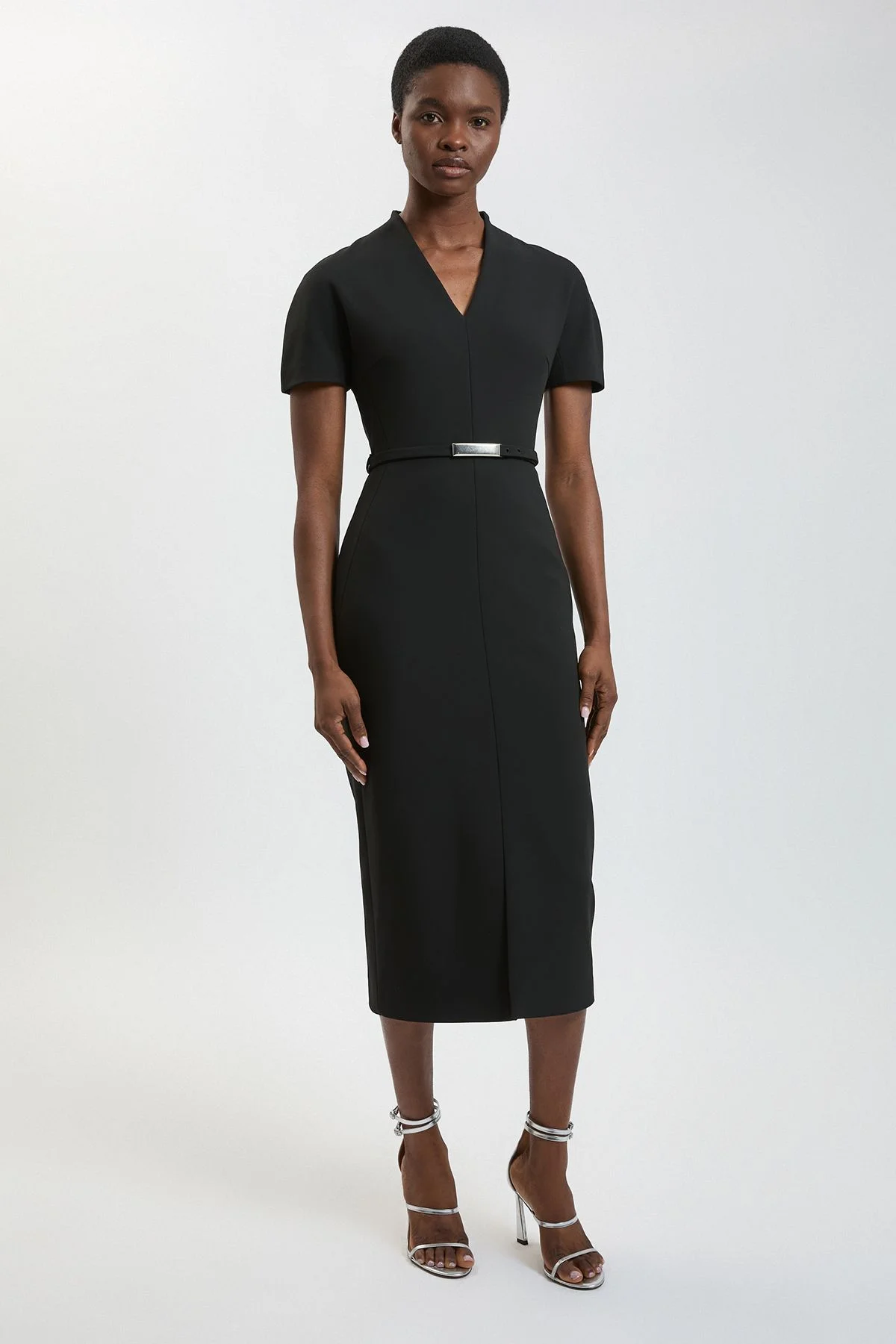 Compact Stretch Tailored Belted Midi Pencil Dress - 1