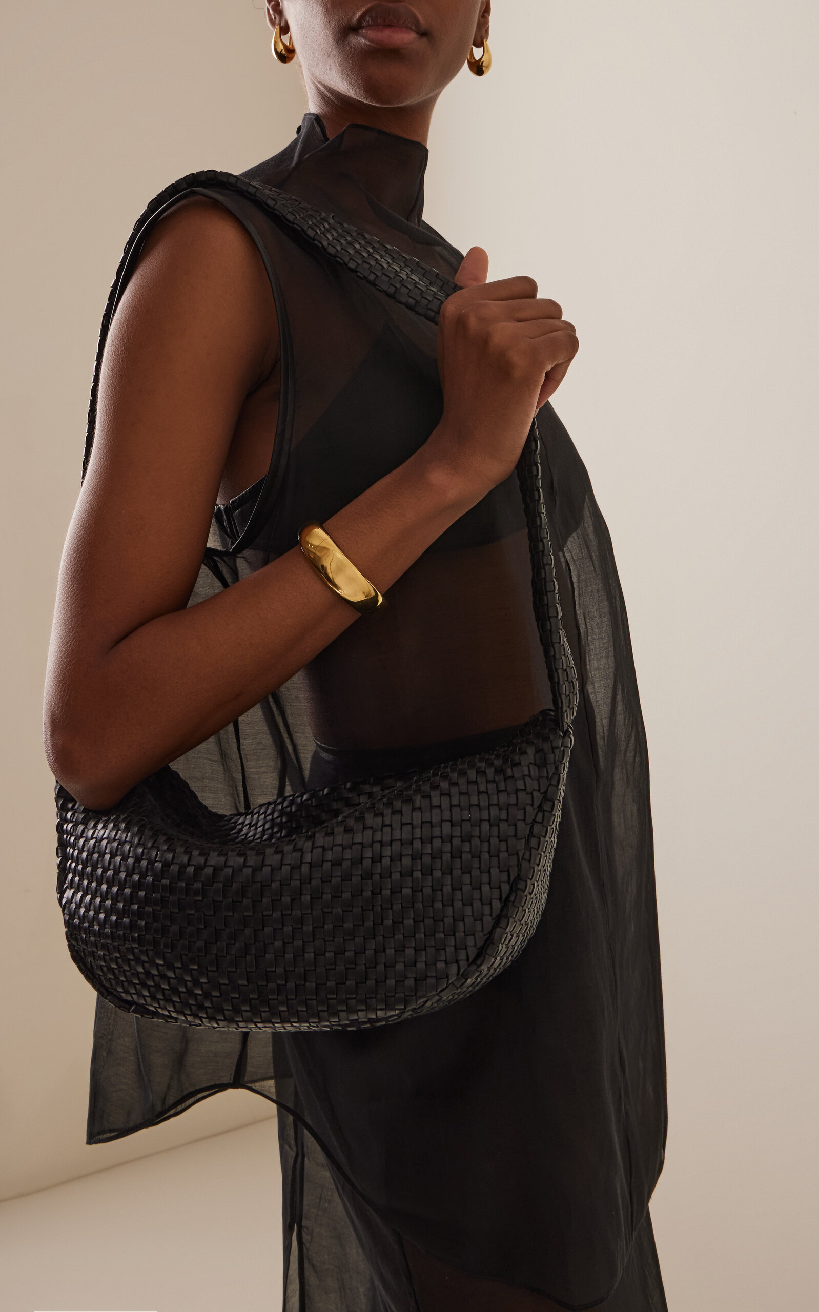 Lattice Weave Leather Crescent Bag black - 2