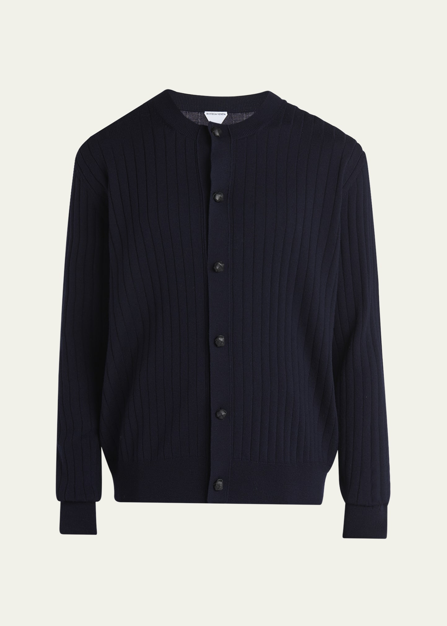 Men's Ribbed Wool Cardigan with Leather Buttons - 1