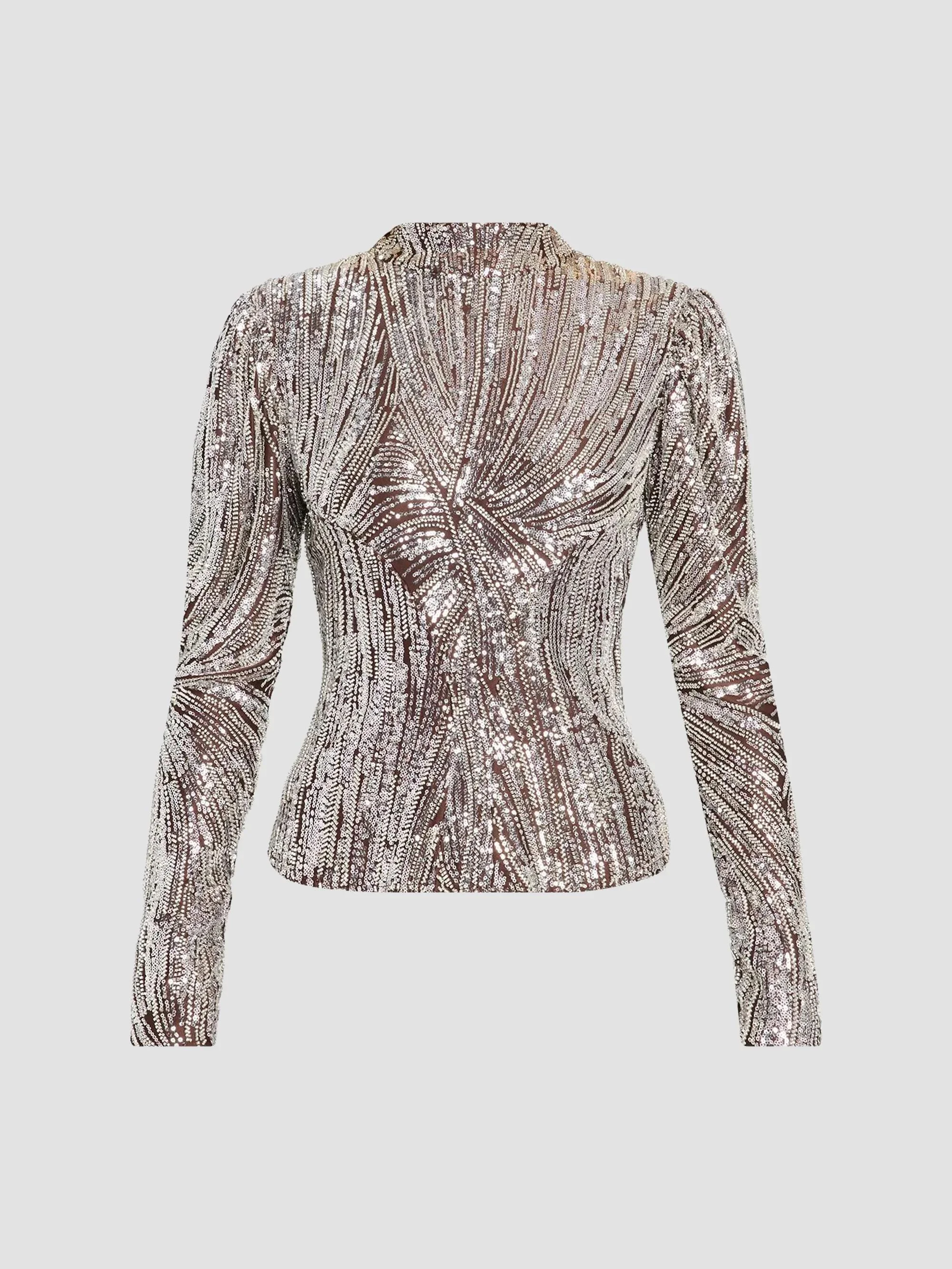 Women's Embellished Long-Sleeve Top - Silver Brown - 1