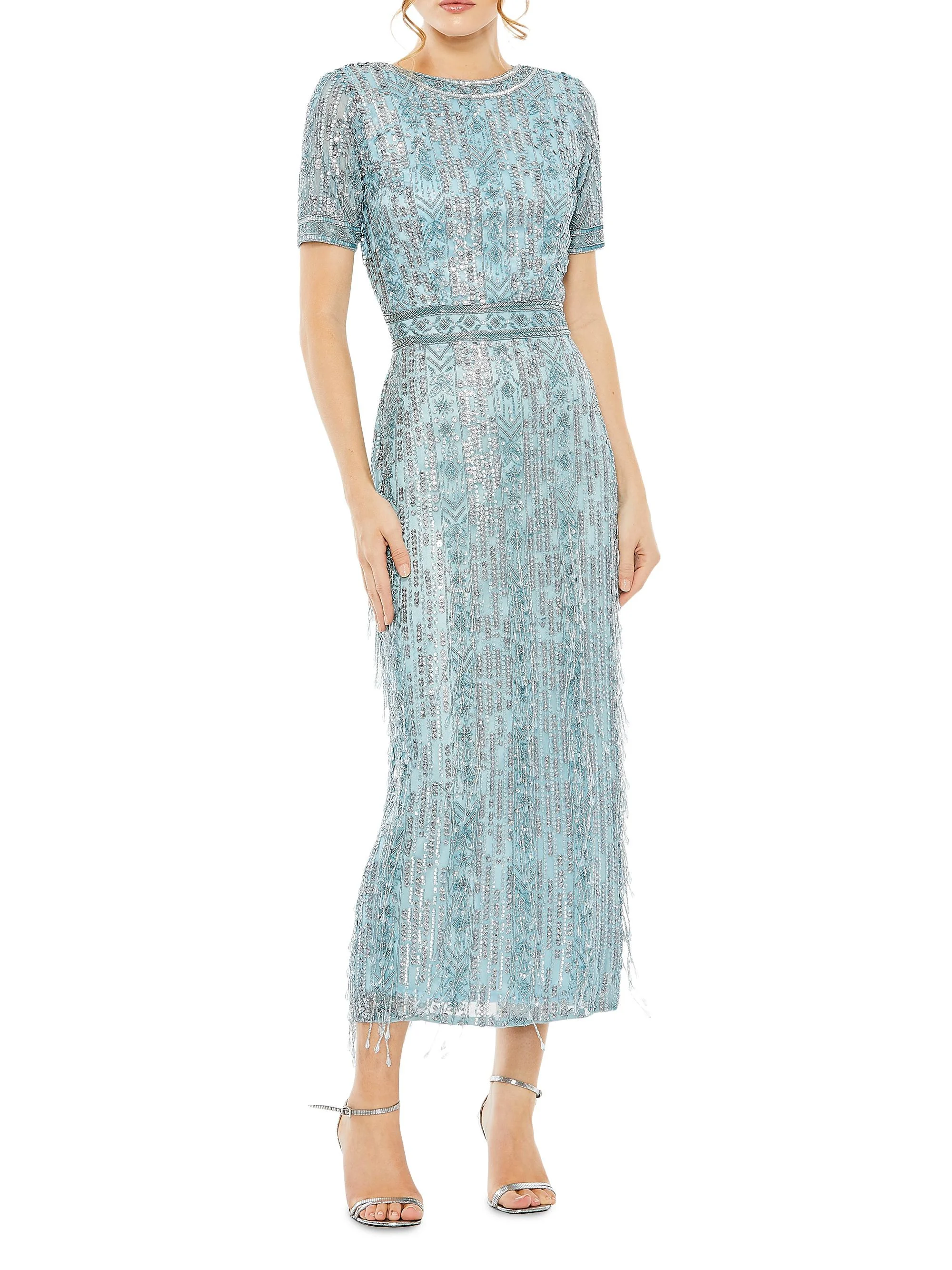 Women's Cocktail Geometric Beaded Midi-Dress - French Blue - 1