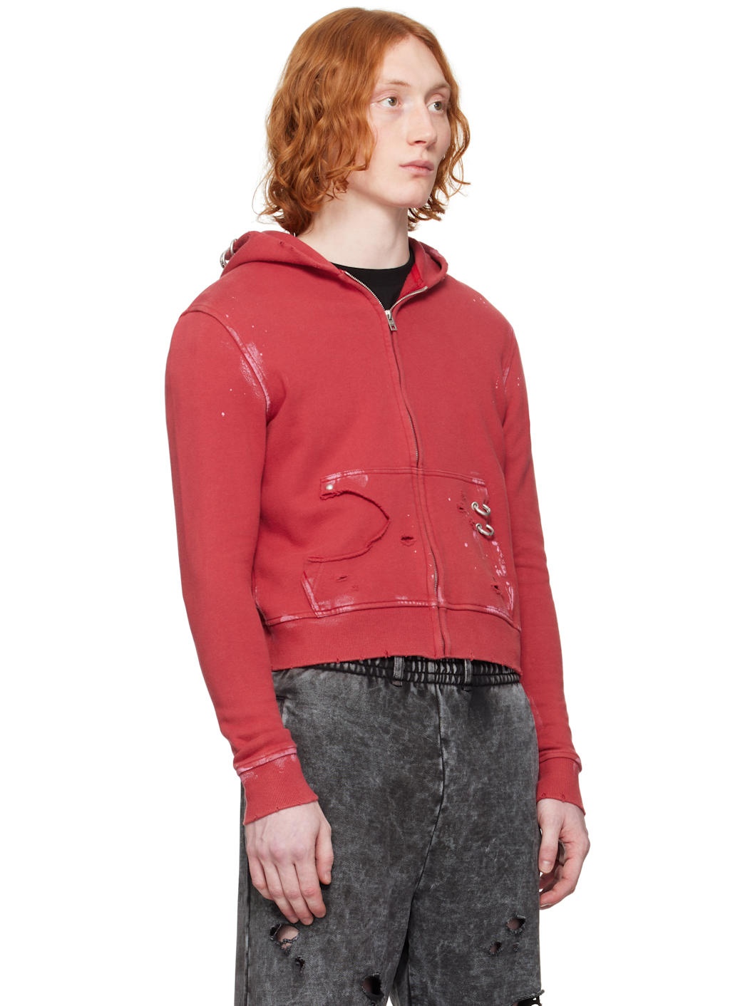 【WE11DONE】 Pierced Zip-Up Hoodie Red Red Pierced Zip-Up Hoodie by We11done on Sale