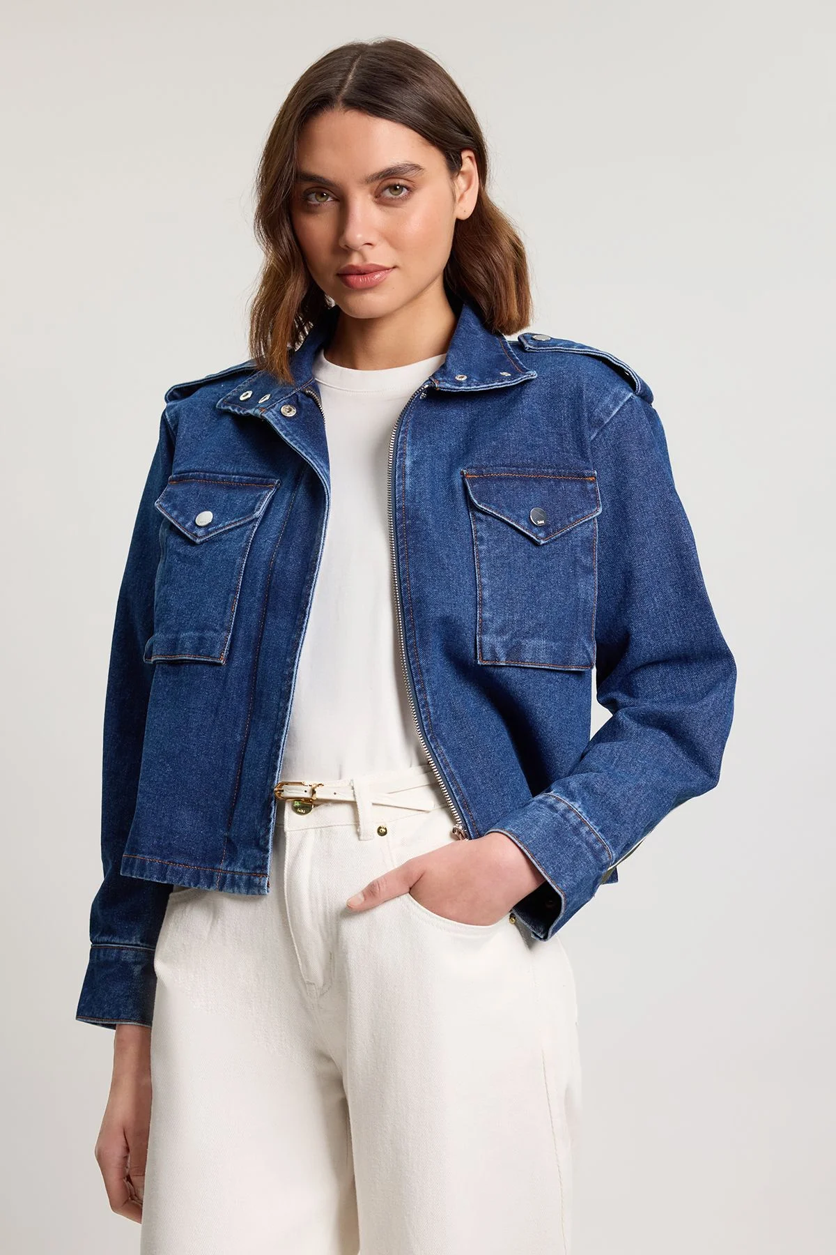 Denim Cropped Side Panel Jacket - 1