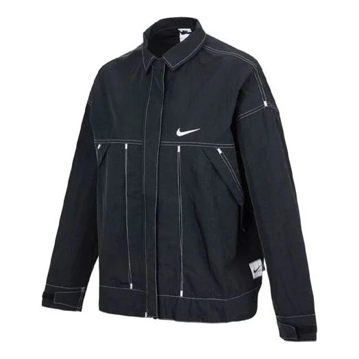 (WMNS) Nike SS22 Sportswear Swoosh Back Logo Printing Woven Jacket Autumn Black DM6204-010 - 1