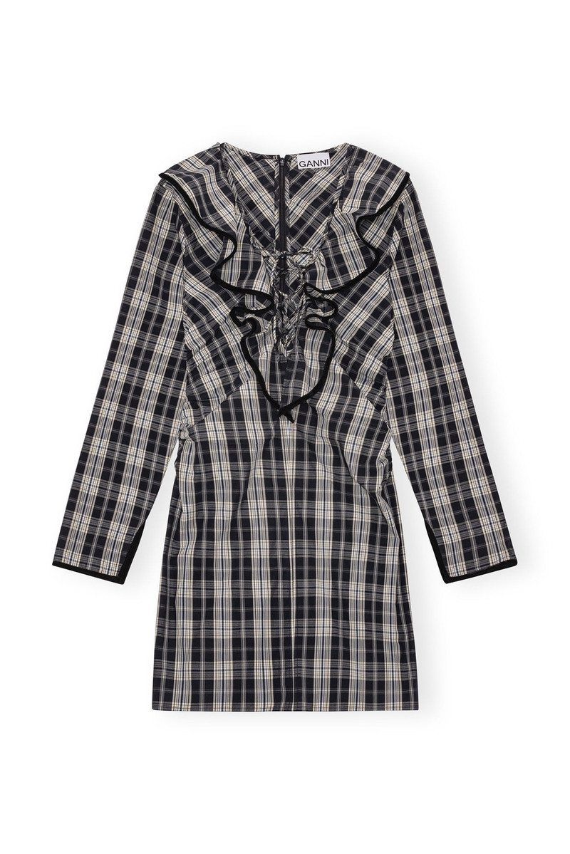 CHECKERED COTTON RUFFLE V-NECK MINI DRESS - 1