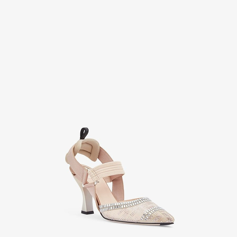 FENDI High-heeled slingbacks in nude mesh with rhinestone embroidery outlook