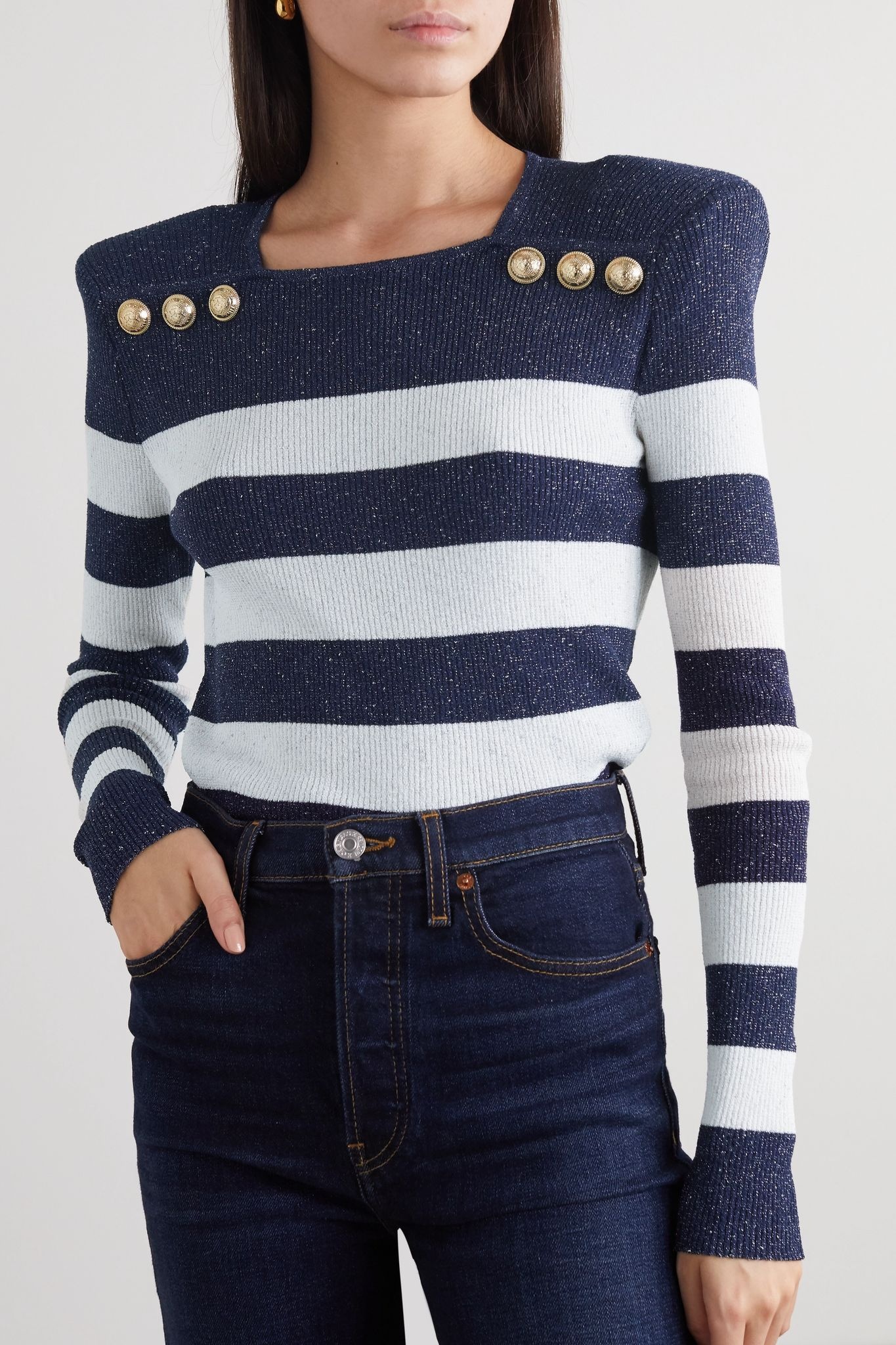 Button-embellished metallic striped ribbed-knit sweater - 3