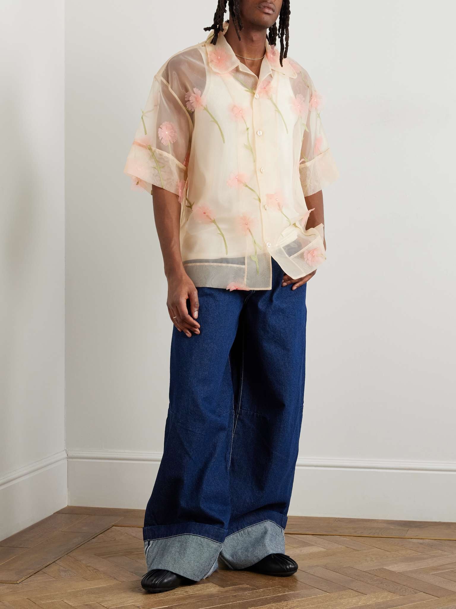 Carnation Convertible-Collar Appliquéd Embroidered Organza Shirt - 2