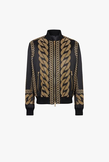 Black silk bomber jacket with gold-tone chain embroidery - 1