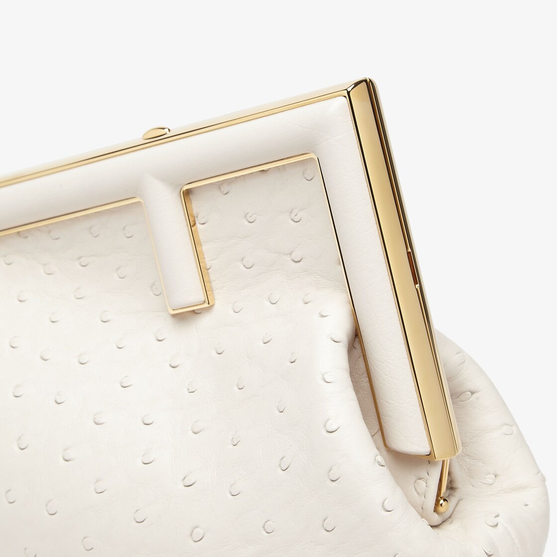 Small Fendi First bag made of exquisite white ostrich leather with oversized metal F clasp bound in  - 5