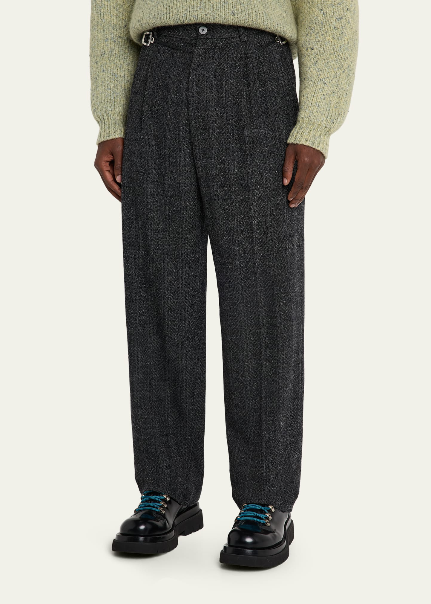 Men's Regolatore Relaxed Wool Herringbone Pleated Pants - 4