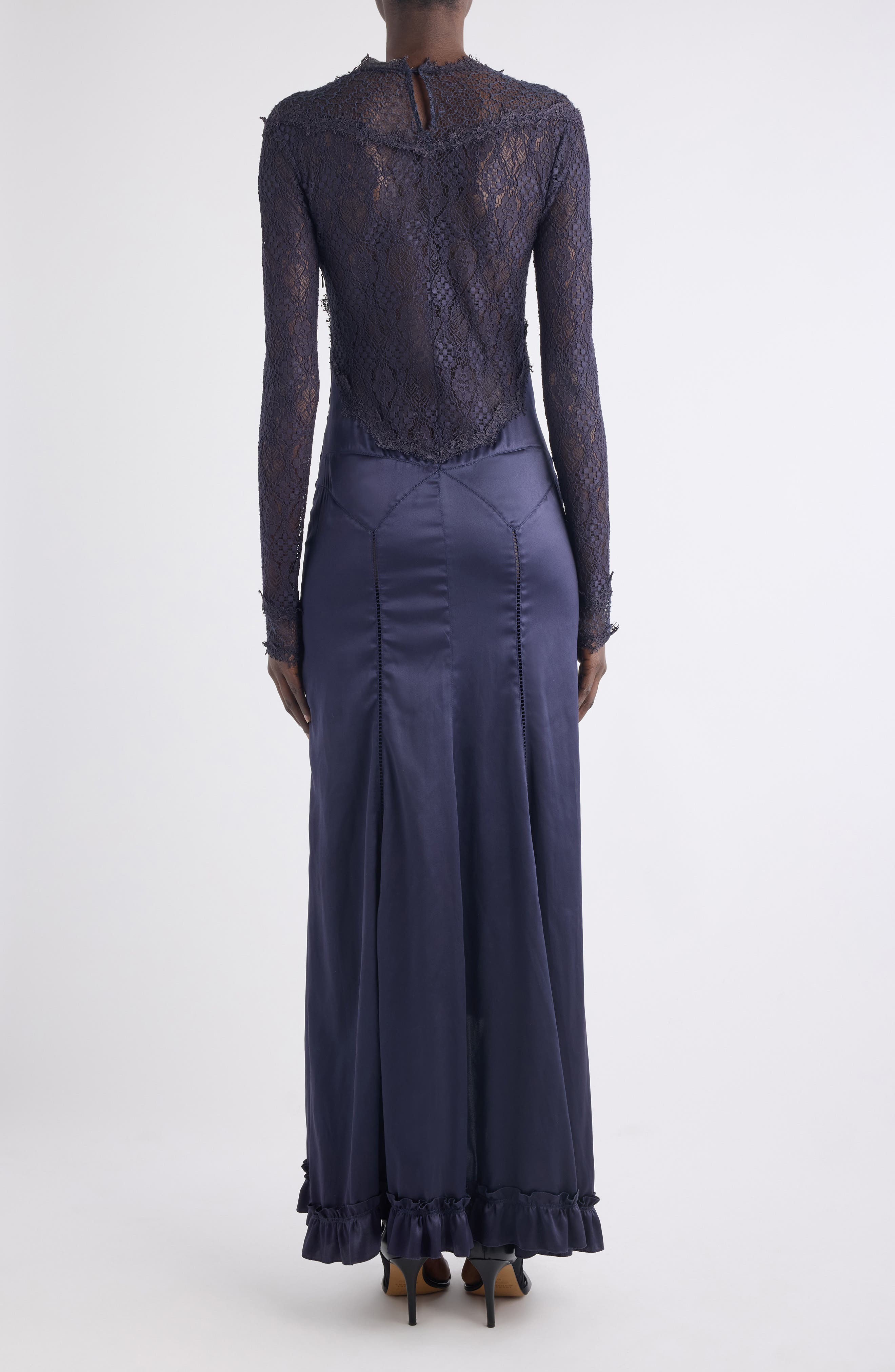 Isabel Marant Dolores Long Sleeve Lace & Silk Satin Dress in Black Midnight at Nordstrom - 2