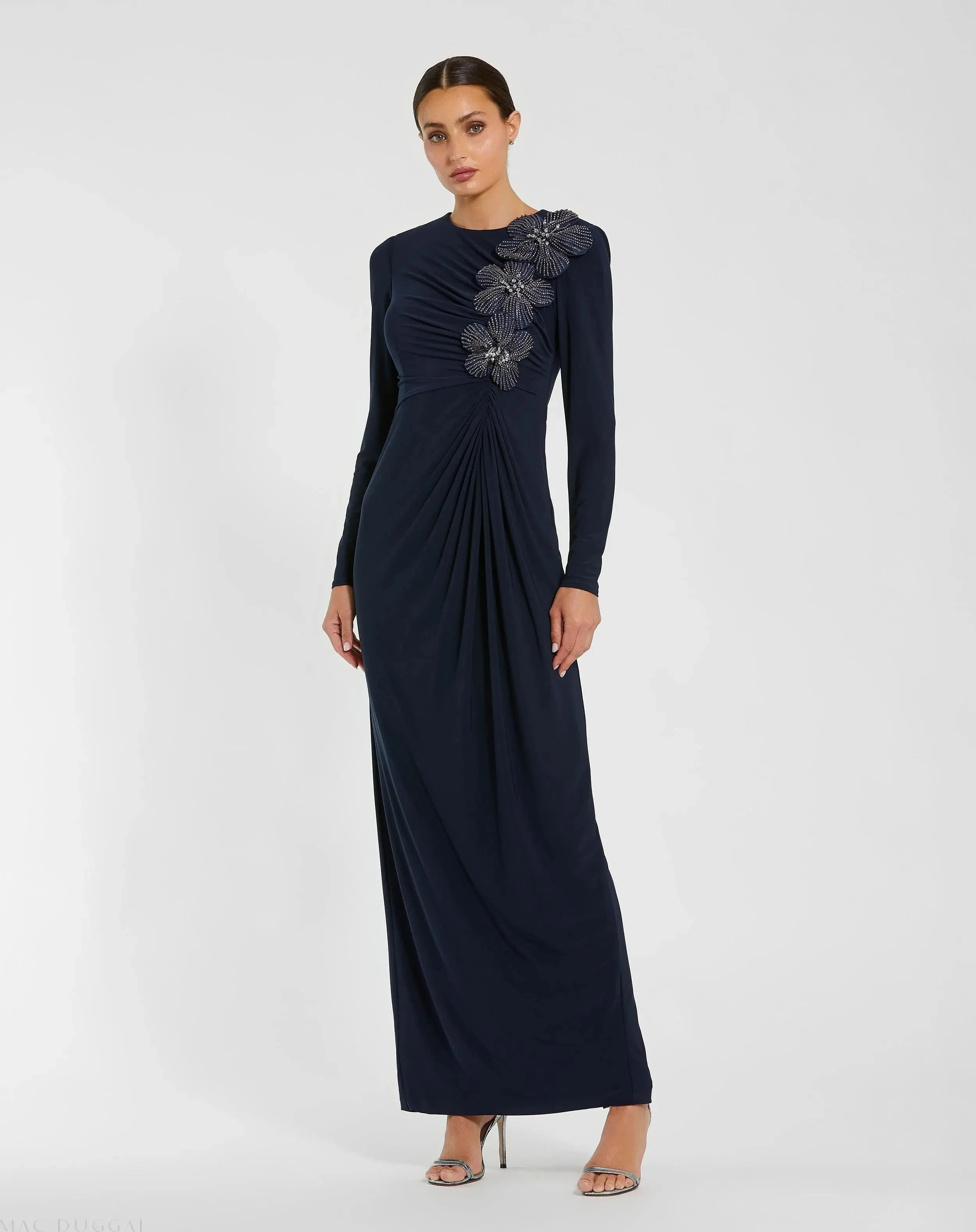 Navy Jersey Long Sleeve Fitted Gown With 3D Flowers - 1