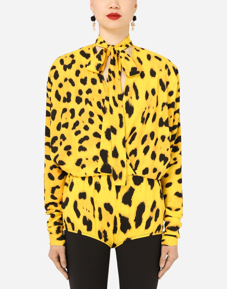 Neon leopard-print charmeuse bodysuit - 1