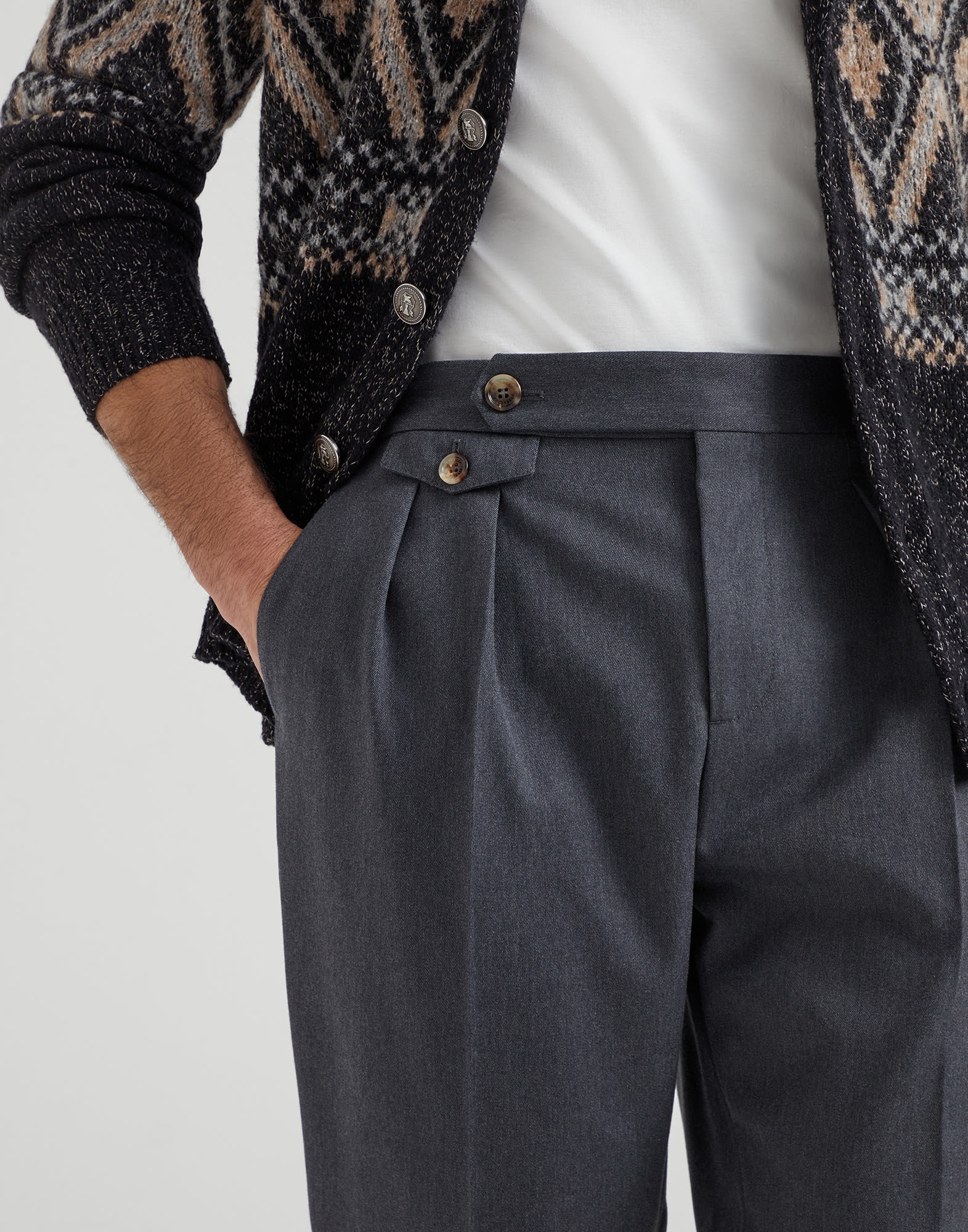 Cotton and virgin wool gabardine tailor fit trousers with reversed double pleats and waist tabs - 3