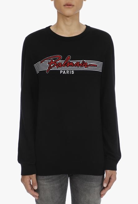 Black cotton sweater with embroidered red and white Balmain logo - 5