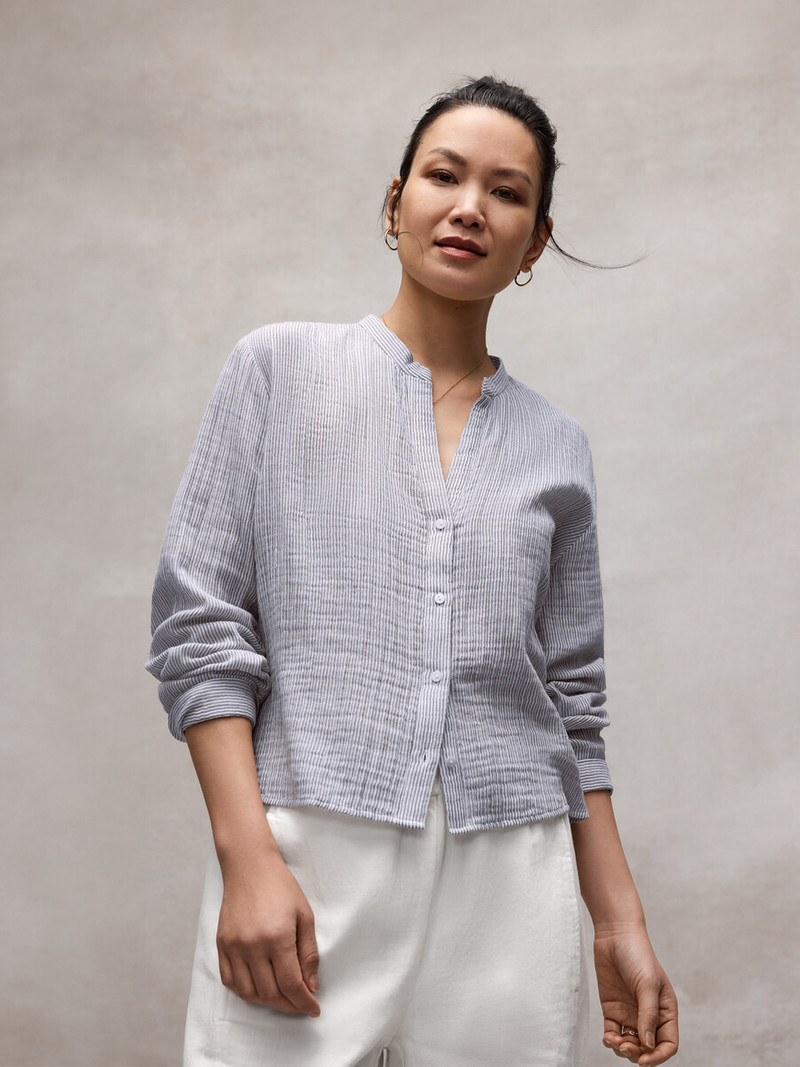 Striped Organic Cotton Gauze Band Collar Shirt 7